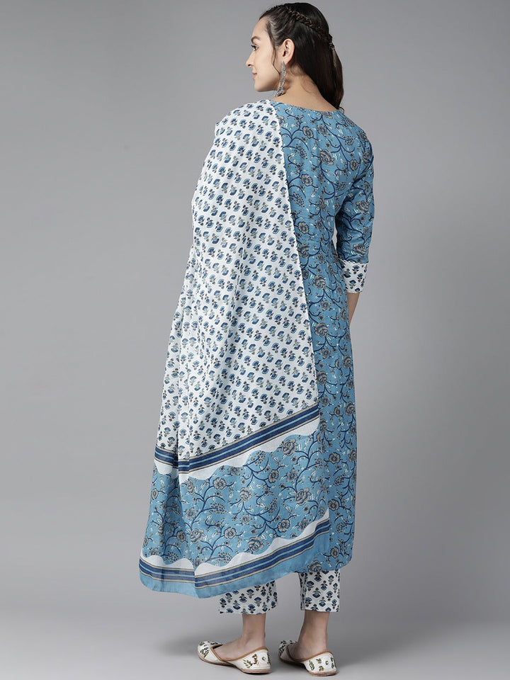 Blue Floral Printed Anarkali Shape Kurta Dupatta Set