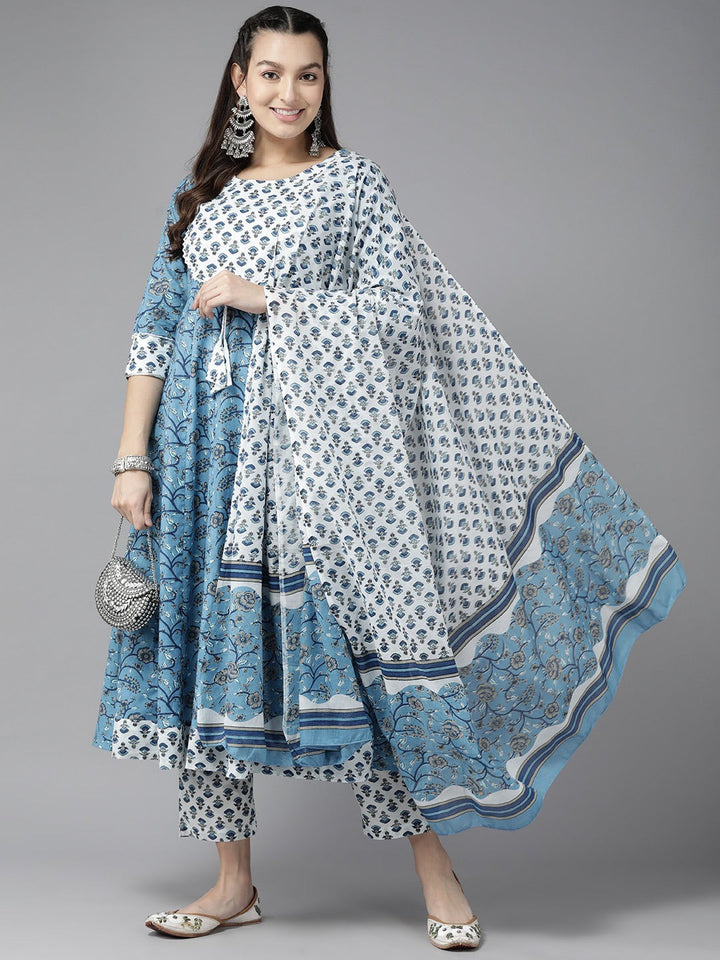 Blue Floral Printed Anarkali Shape Kurta Dupatta Set-Yufta Store-1189SKDBLS