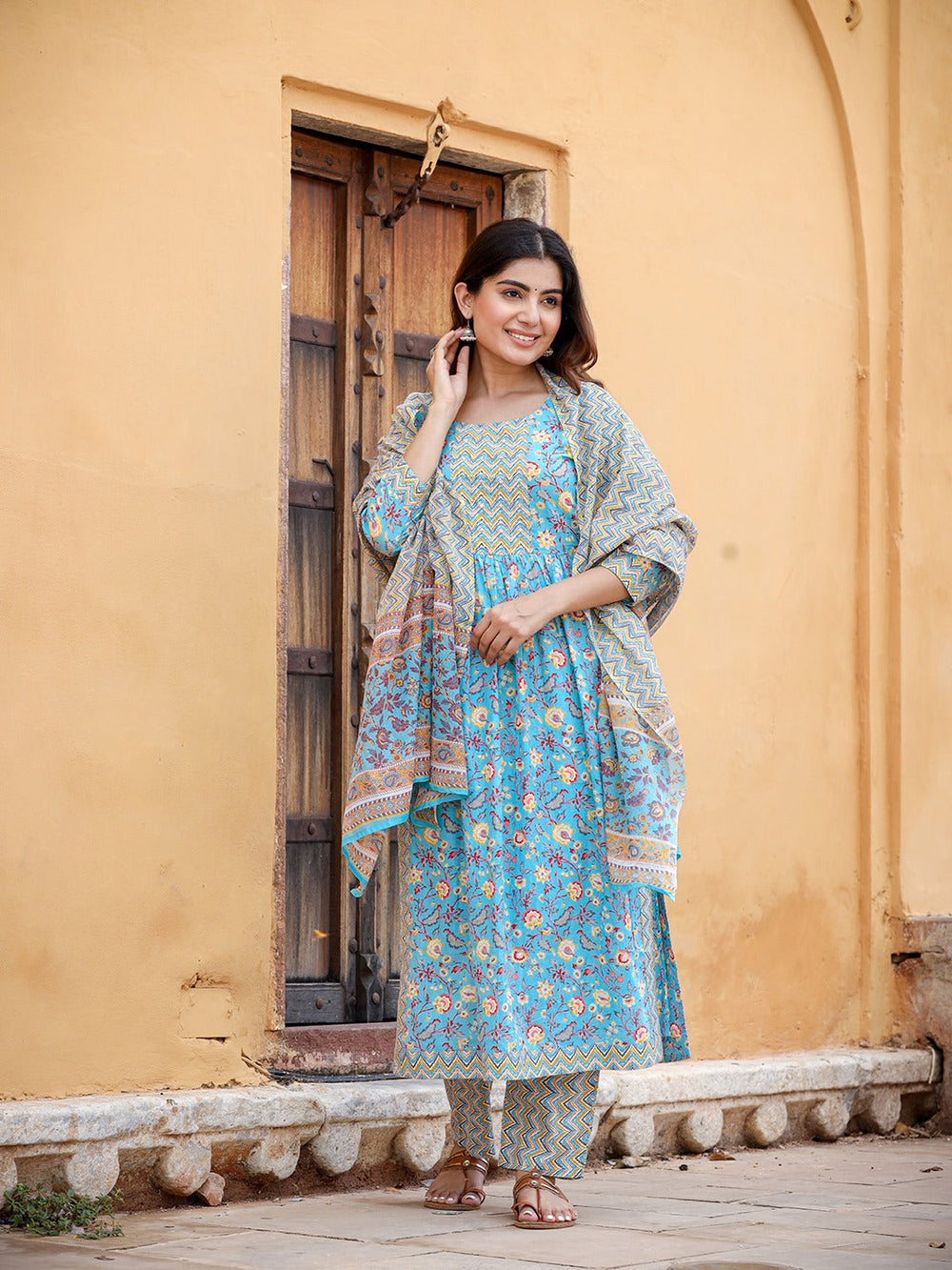 Blue Floral Printed Beads & Stones Pure Cotton Kurta with Trousers & With Dupatta Set