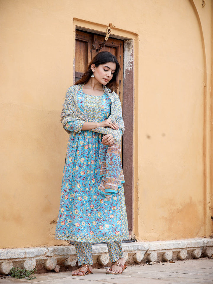 Blue Floral Printed Beads & Stones Pure Cotton Kurta with Trousers & With Dupatta Set-Yufta Store-1422SKDBLS