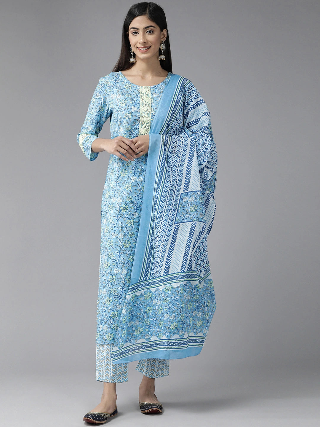 Blue Floral Printed Dupatta Set-Yufta Store-1119SKDSBS