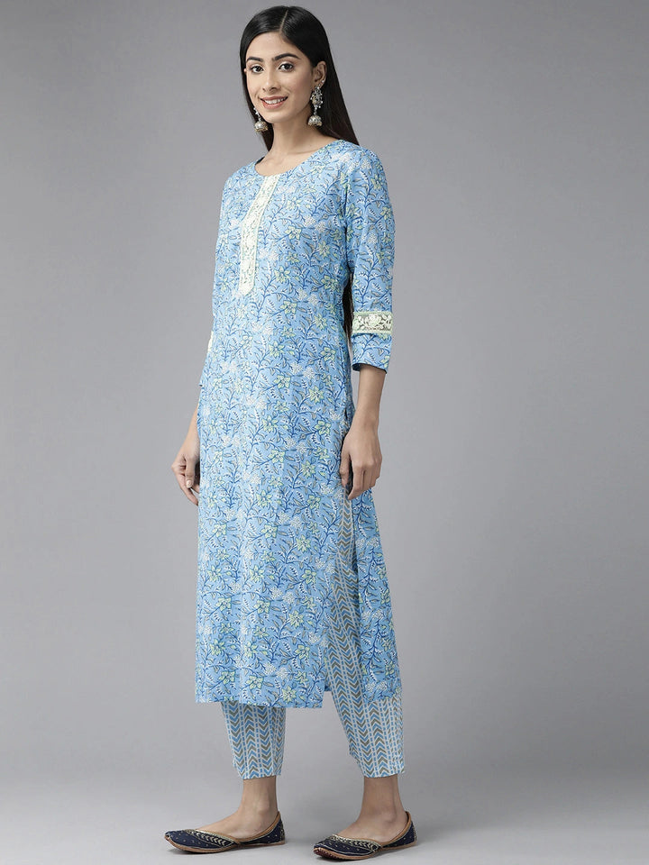 Blue Floral Printed Dupatta Set-Yufta Store-1119SKDSBS