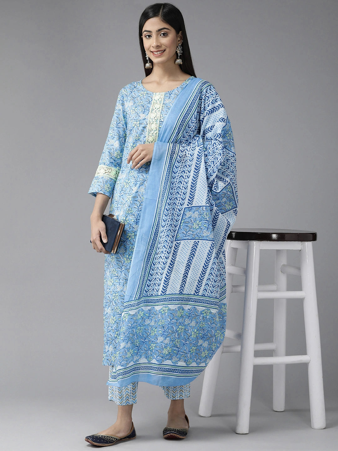 Blue Floral Printed Dupatta Set-Yufta Store-1119SKDSBS