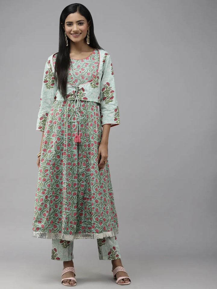 Blue Floral Printed Kurta Set-Yufta Store-3103SETGRS