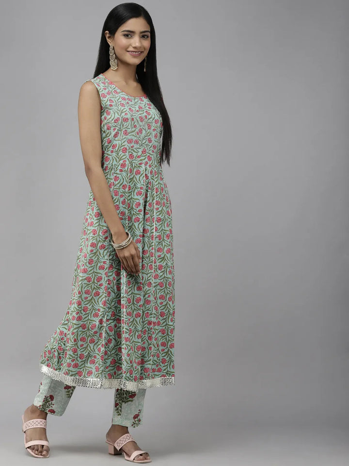 Blue Floral Printed Kurta Set-Yufta Store-3103SETGRS