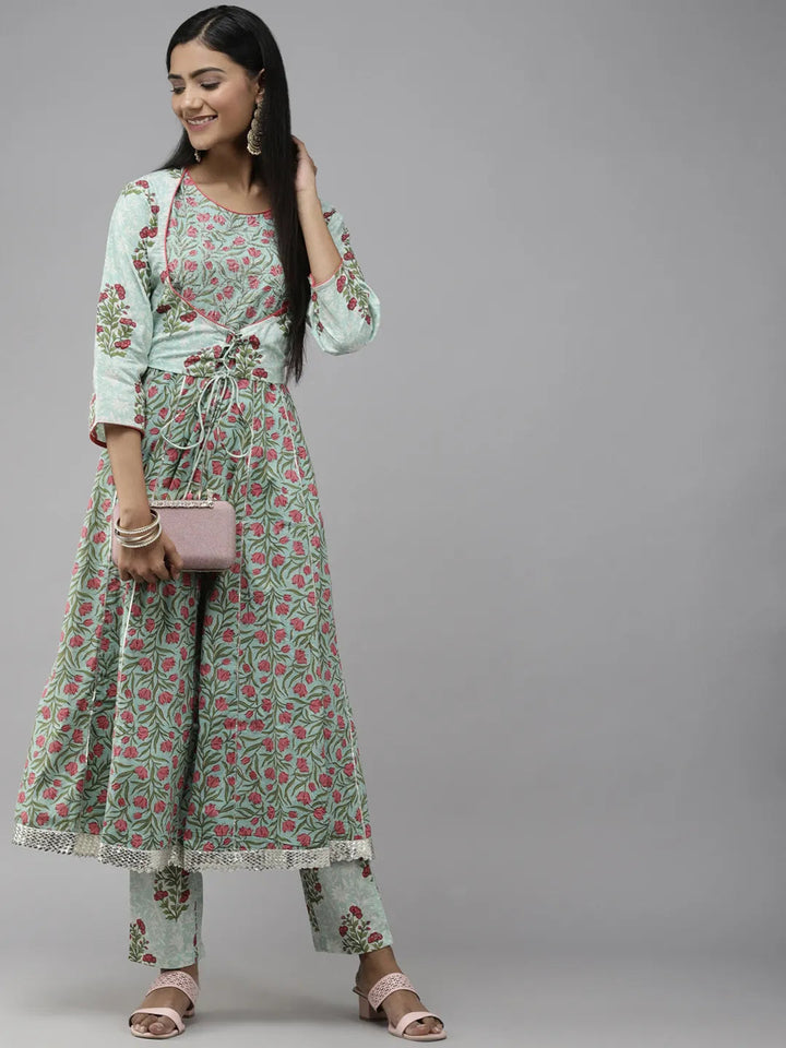 Blue Floral Printed Kurta Set-Yufta Store-3103SETGRS