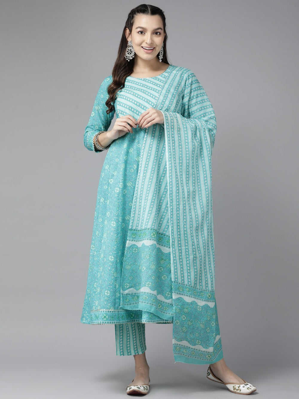 Blue Floral Printed Kurta Trouser Set With Dupatta