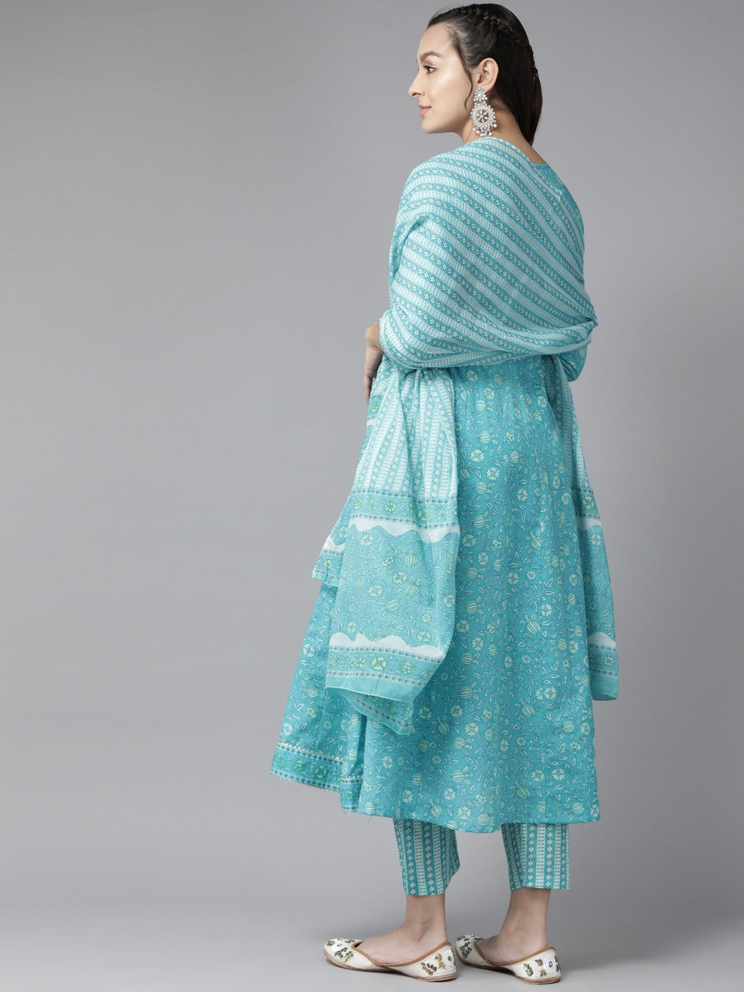 Blue Floral Printed Kurta Trouser Set With Dupatta-Yufta Store-1190SKDSBS