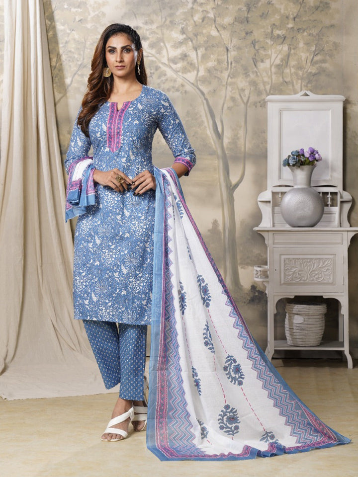 Blue Floral Printed Pure Cotton Dupatta Set-Yufta Store-9989SKDBLS