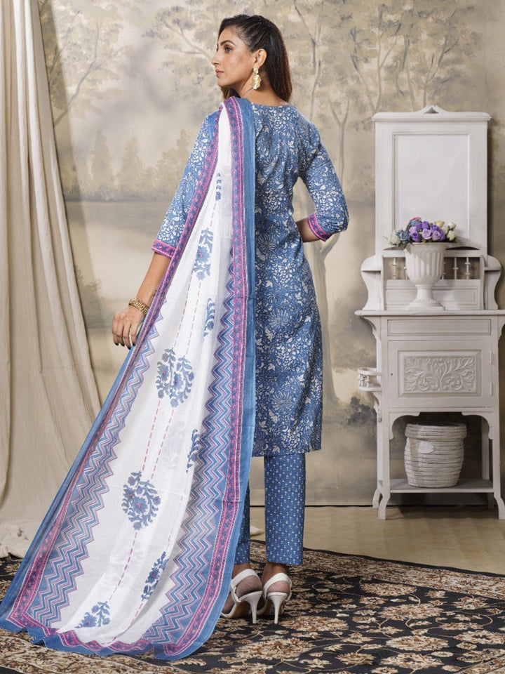 Blue Floral Printed Pure Cotton Dupatta Set-Yufta Store-9989SKDBLS