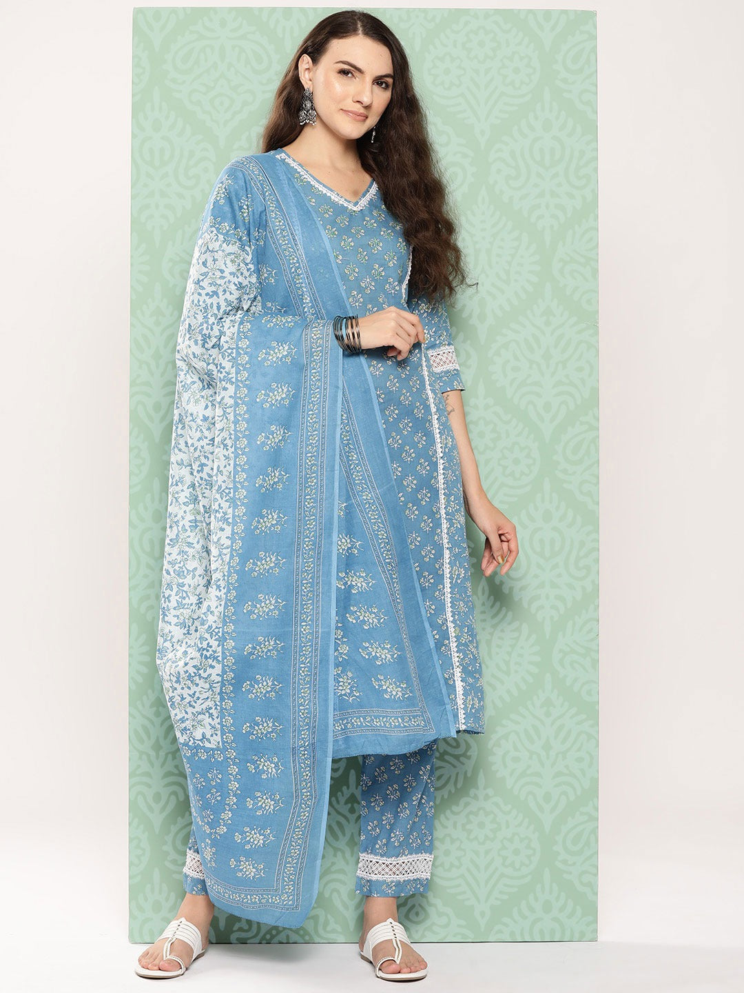 Blue Floral Printed Pure Cotton Kurta With Trouser And Dupatta-Yufta Store-1342SKDBLS