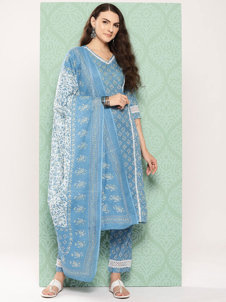 Blue Floral Printed Pure Cotton Kurta With Trouser And Dupatta