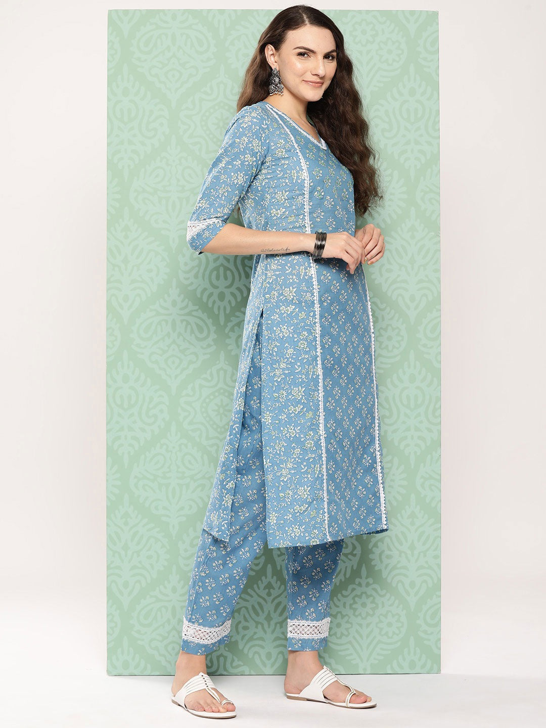 Blue Floral Printed Pure Cotton Kurta With Trouser And Dupatta