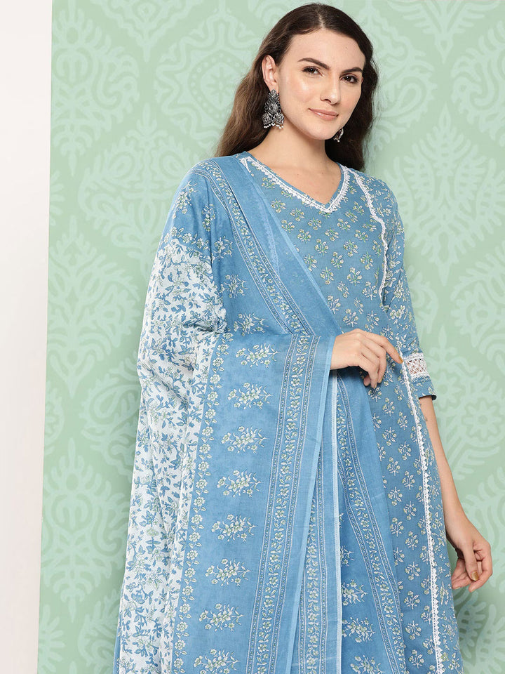 Blue Floral Printed Pure Cotton Kurta With Trouser And Dupatta