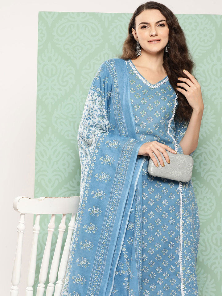 Blue Floral Printed Pure Cotton Kurta With Trouser And Dupatta-Yufta Store-1342SKDBLS