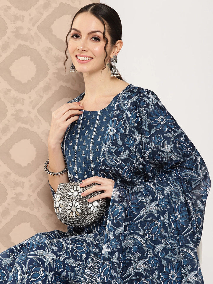 Blue Floral Printed Pure Cotton Kurta with Trousers & With Dupatta Set