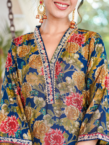 Blue Floral Printed Regular Chanderi Silk Kurta with Salwar & With Dupatta-Yufta Store-1527SKDBLS