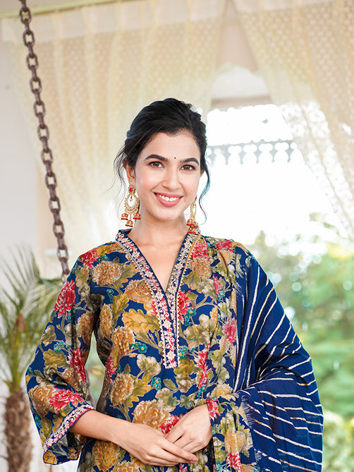 Blue Floral Printed Regular Chanderi Silk Kurta with Salwar & With Dupatta-Yufta Store-1527SKDBLS