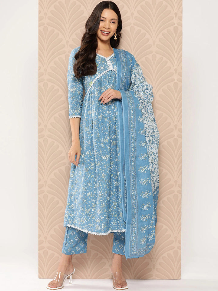 Blue Floral Printed Regular Pure Cotton alia-cut Kurta with Trousers & With Dupatta Set-Yufta Store-1275SKDBLS