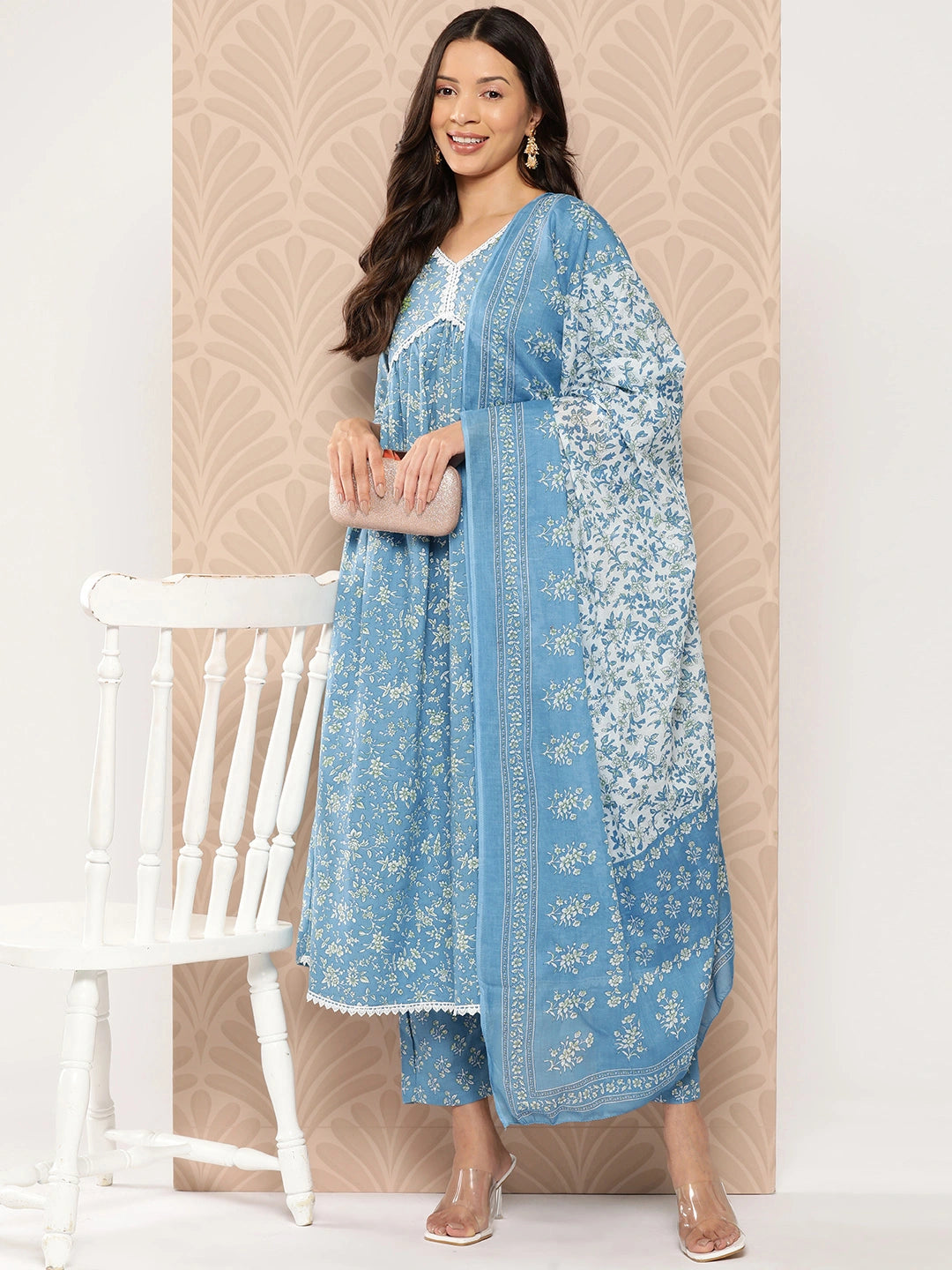 Blue Floral Printed Regular Pure Cotton alia-cut Kurta with Trousers & With Dupatta Set-Yufta Store-1275SKDBLS