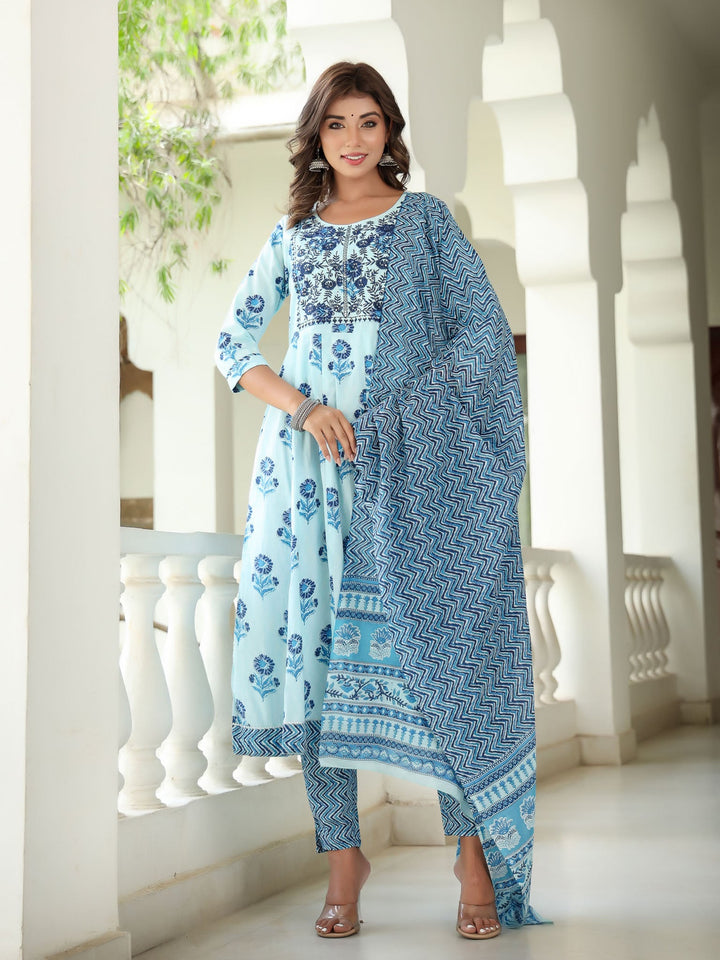 Blue Floral Printed Regular Sequined Pure Cotton Kurta with Trousers & With Dupatta