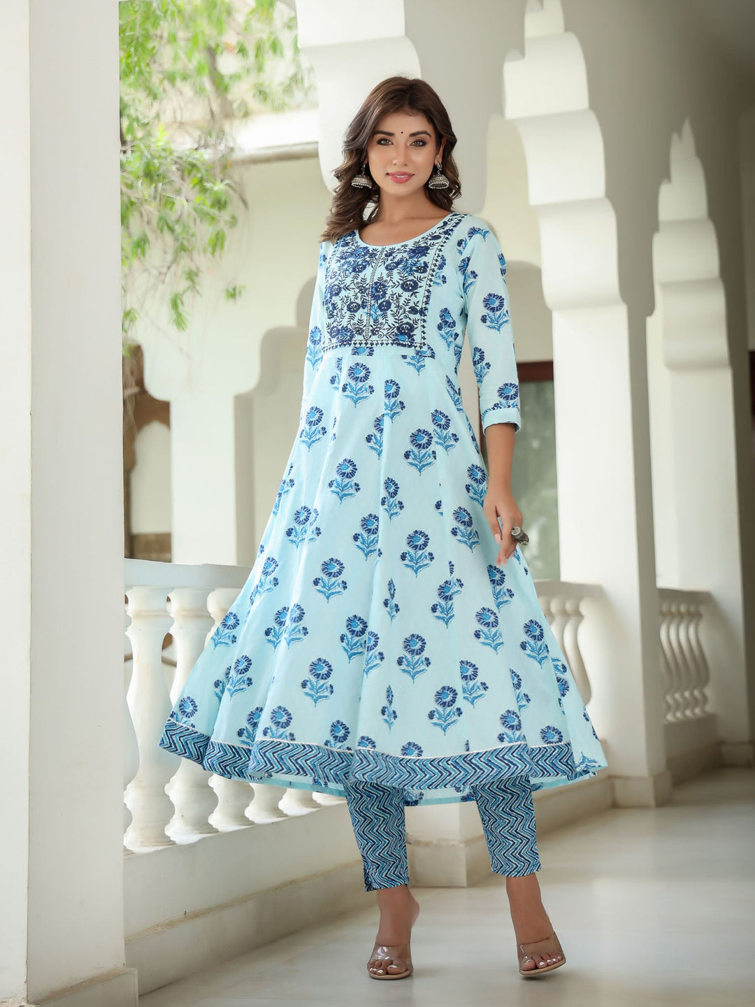 Blue Floral Printed Regular Sequined Pure Cotton Kurta with Trousers & With Dupatta-Yufta Store-1581SKDSBS