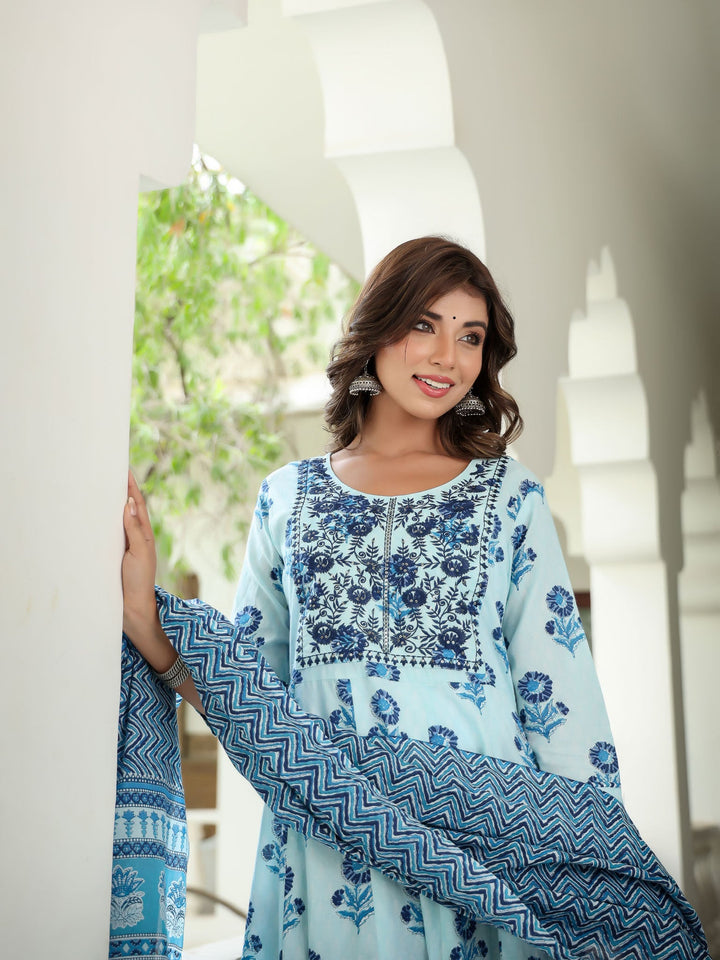 Blue Floral Printed Regular Sequined Pure Cotton Kurta with Trousers & With Dupatta-Yufta Store-1581SKDSBS