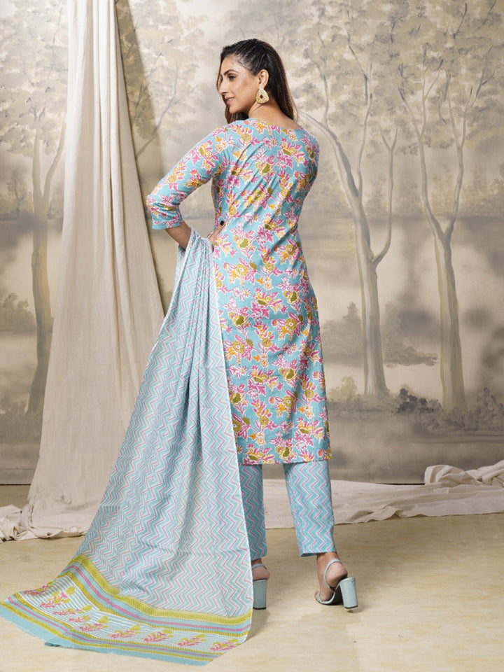 Blue Floral Printed Round Neck Dupatta Set-Yufta Store-9994SKDSBS