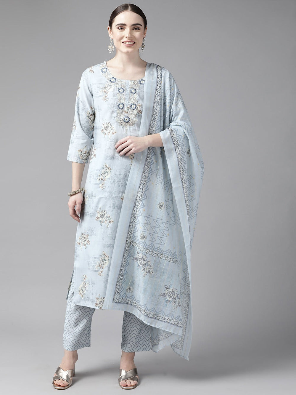 Blue Floral Printed Silk Dupatta Set-Yufta Store-9892SKDSBS