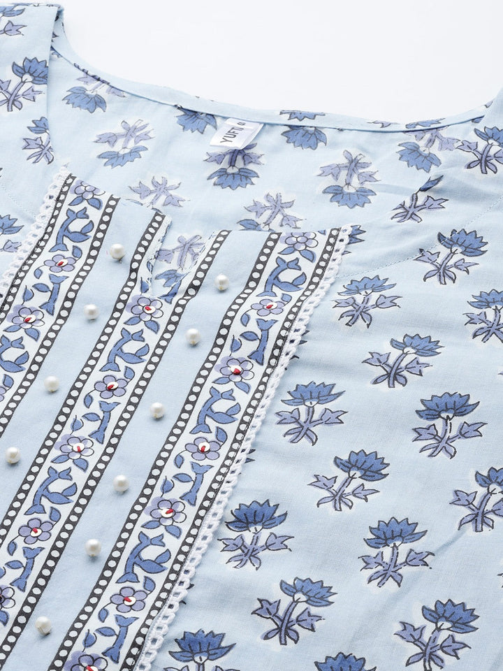 Blue Floral Printed Straight Kurta Trouser Set With Dupatta-Yufta Store-1192SKDSBS