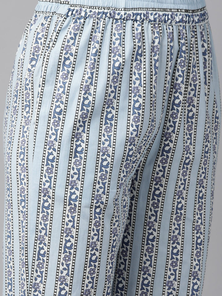 Blue Floral Printed Straight Kurta Trouser Set With Dupatta-Yufta Store-1192SKDSBS
