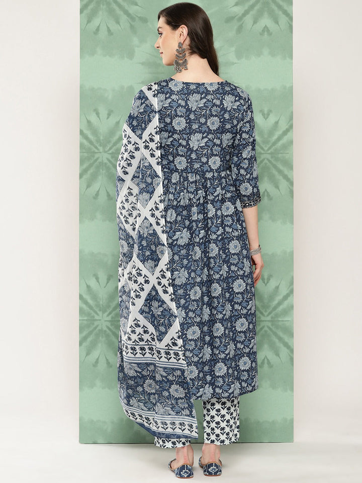 Blue Floral print alia-cut Kurta with Trousers with dupatta Set-Yufta Store-1379SKDBLS