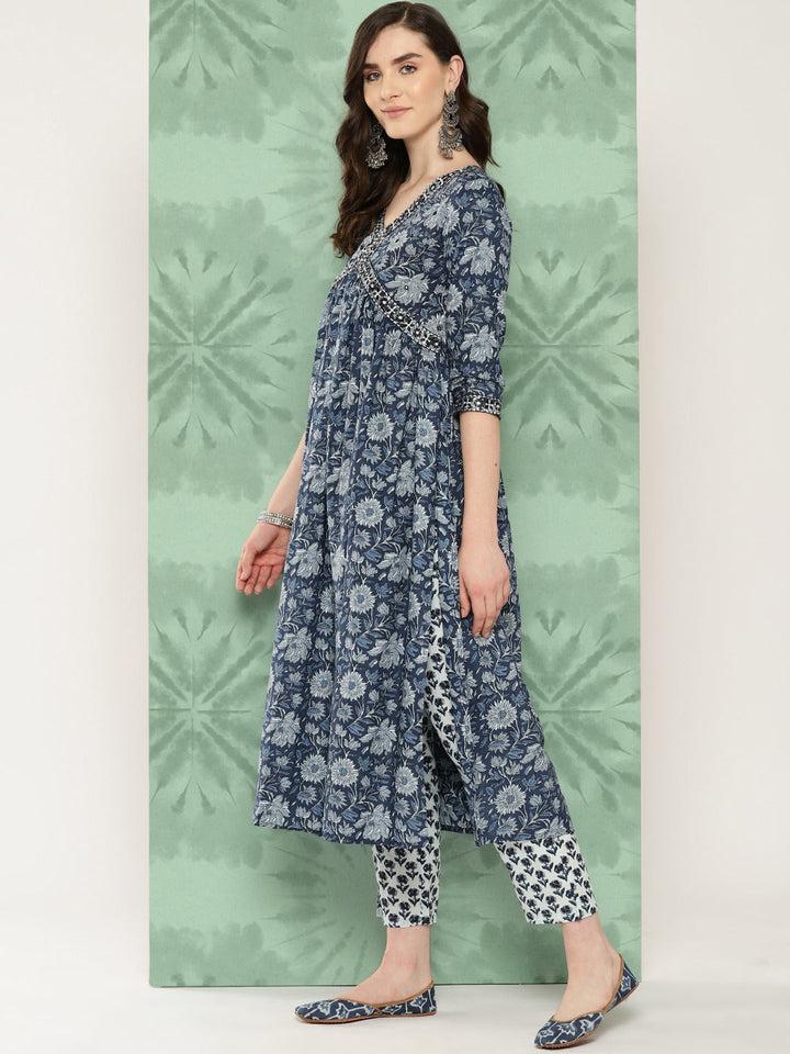 Blue Floral print alia-cut Kurta with Trousers with dupatta Set-Yufta Store-1379SKDBLS
