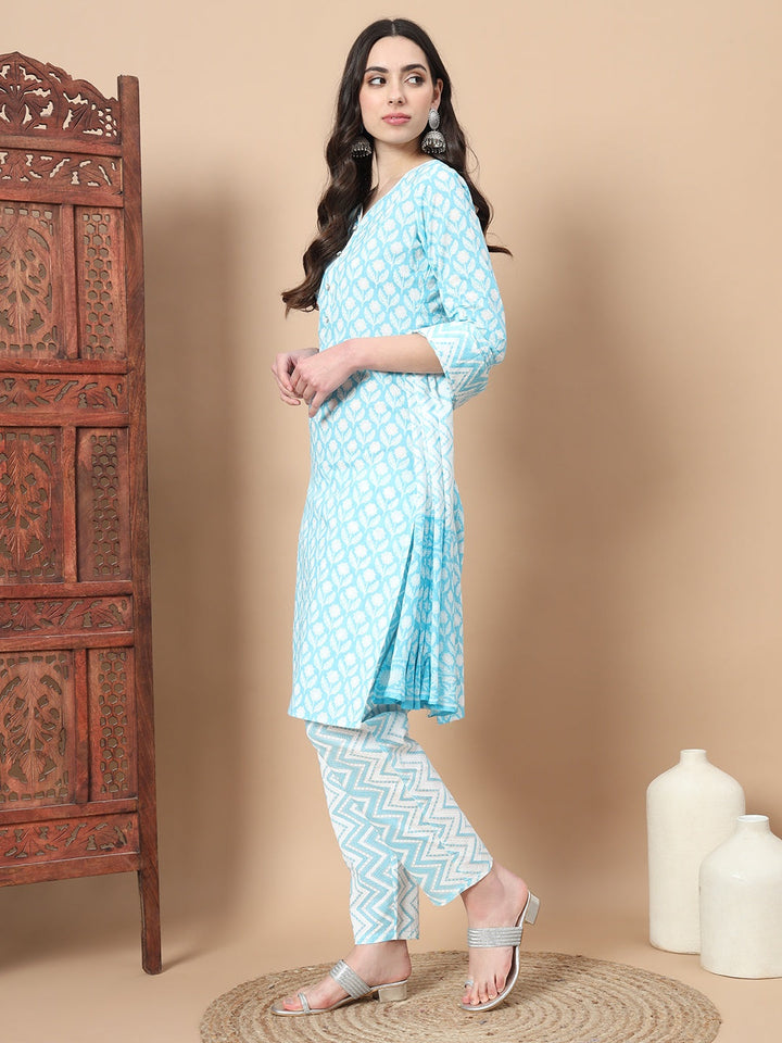 Blue Floral,Piping On Yoke Straight Kurta Trouser And Dupatta Set-Yufta Store-6833SKDBLS