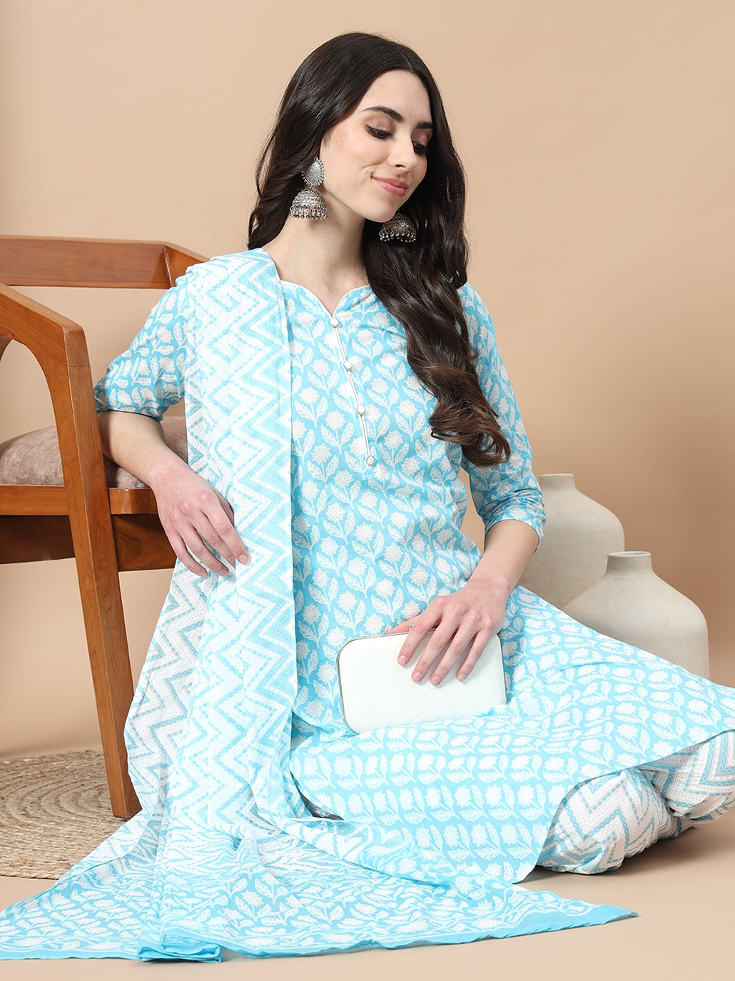 Blue Floral,Piping On Yoke Straight Kurta Trouser And Dupatta Set