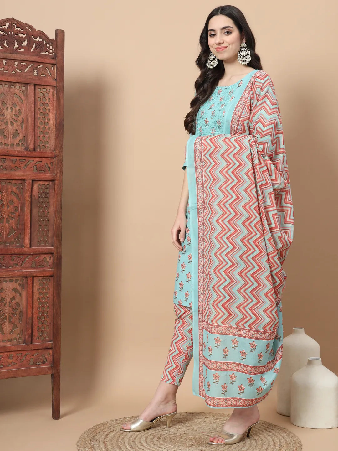 Blue Floral,Sequins_Work Straight Kurta Trouser And Dupatta Set-Yufta Store-1816SKDBLS