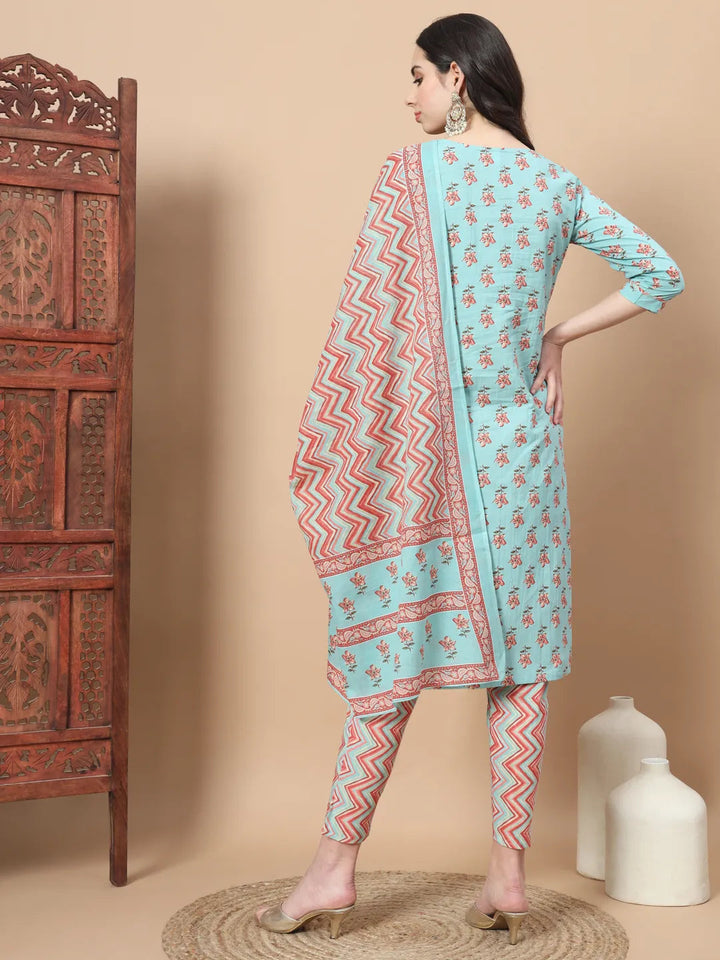 Blue Floral,Sequins_Work Straight Kurta Trouser And Dupatta Set-Yufta Store-1816SKDBLS