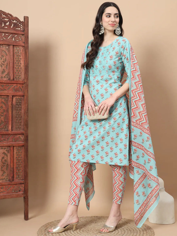 Blue Floral,Sequins_Work Straight Kurta Trouser And Dupatta Set-Yufta Store-1816SKDBLS