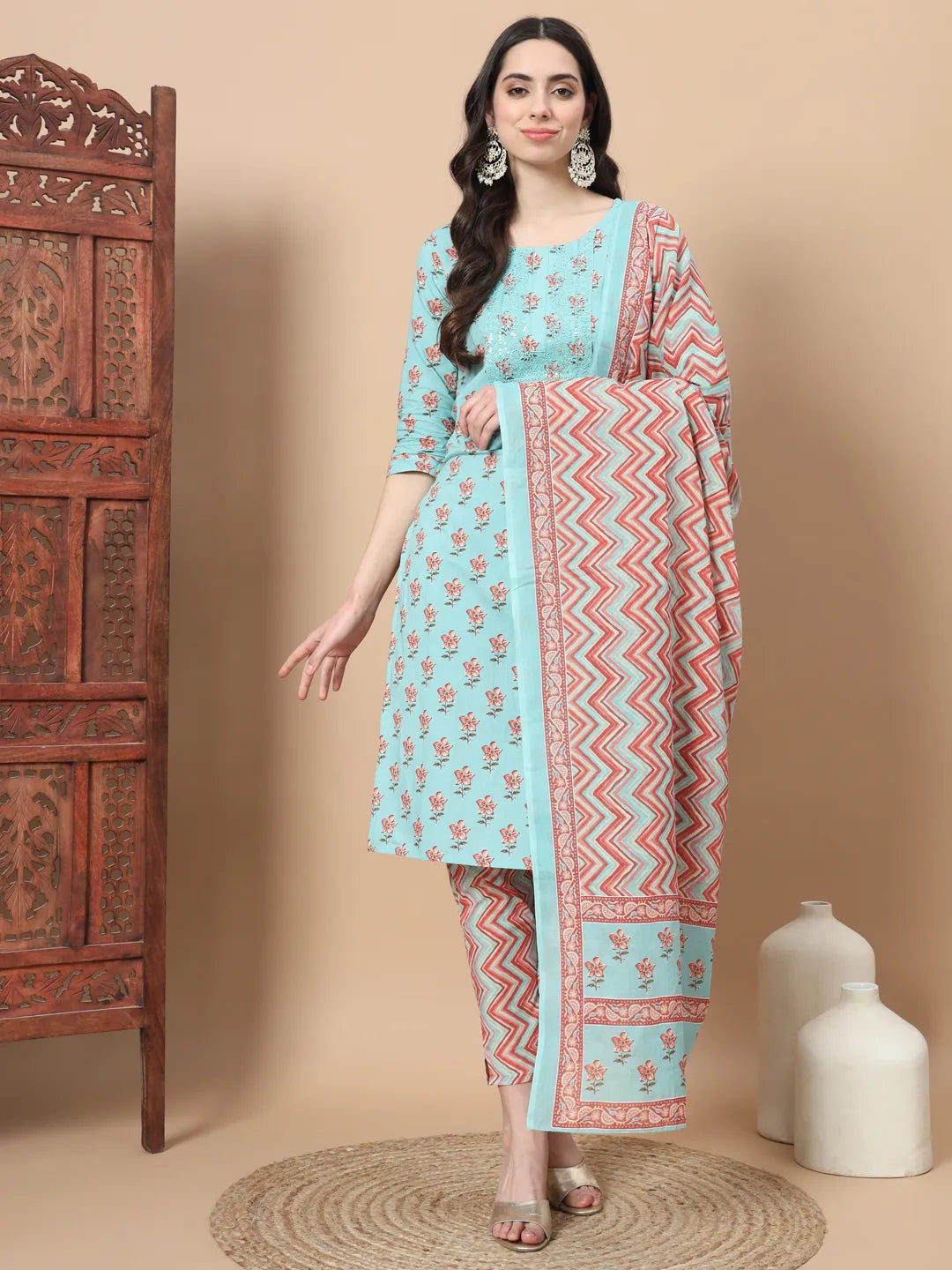 Blue Floral,Sequins_Work Straight Kurta Trouser And Dupatta Set