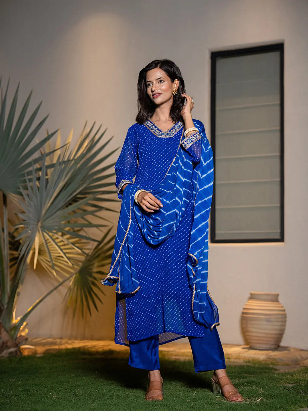 Blue Georgette Lehriya Kurta Duptta Set-Yufta Store-6988SKDBLS