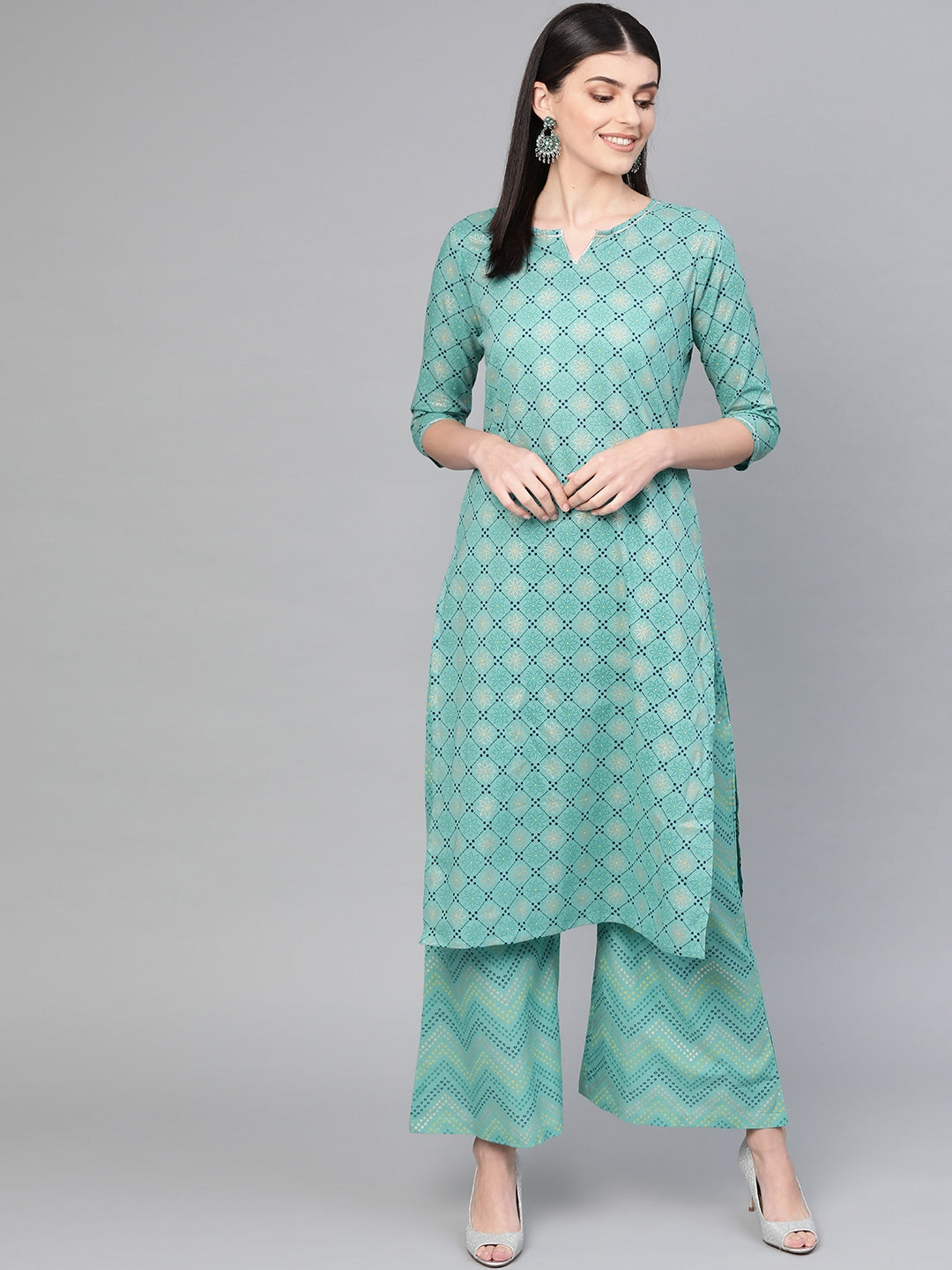 Blue & Golden Printed Kurta Set-Yufta Store-7103SETBLS