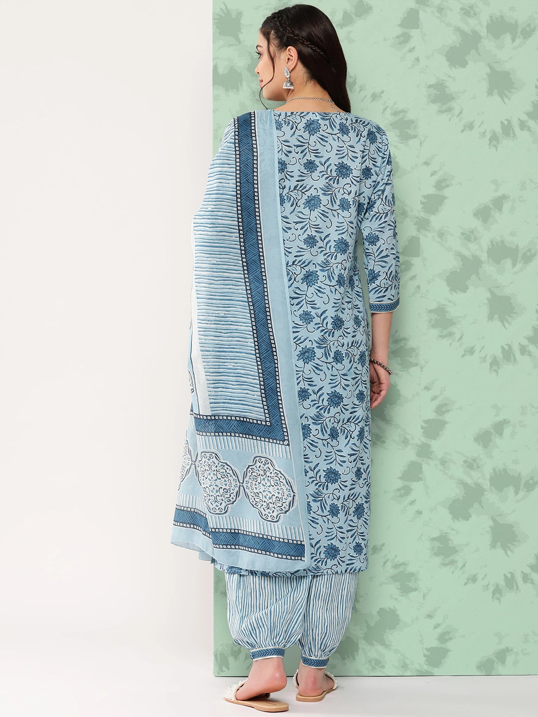 Blue Gotta-Patti Cotton Kurti Pant Set With Dupatta-Yufta Store-1152SKDBLS