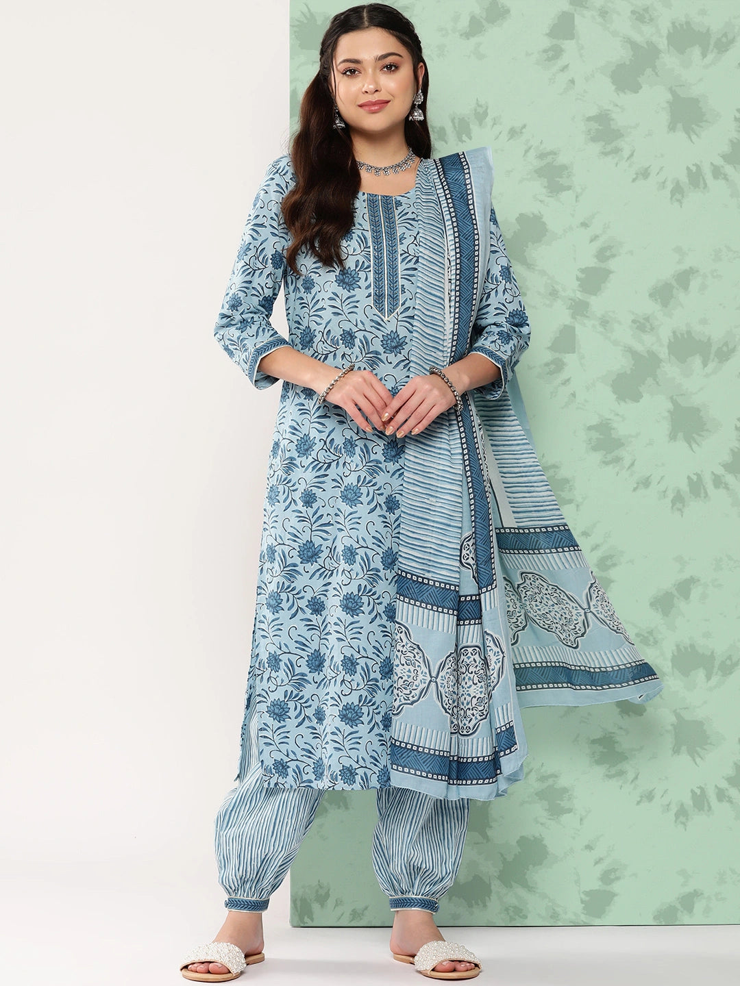 Blue Gotta-Patti Cotton Kurti Pant Set With Dupatta-Yufta Store-1152SKDBLS