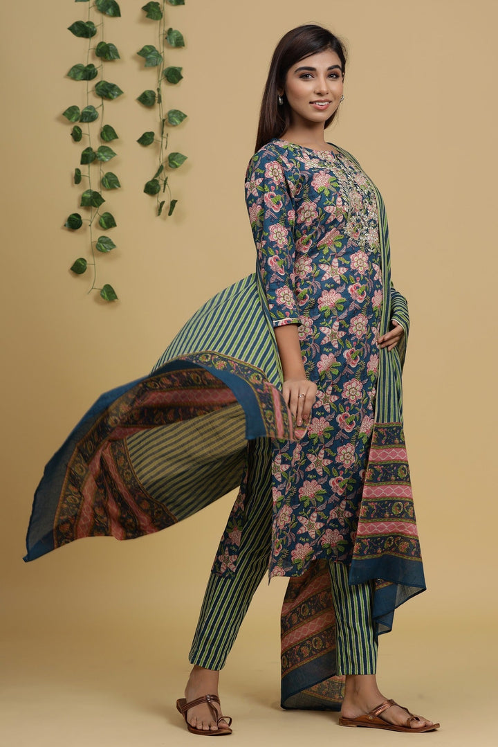 Blue & Green Printed Dupatta Set-Yufta Store-2720SKDBLM