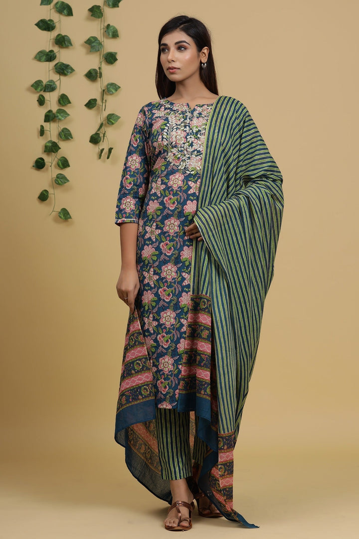 Blue & Green Printed Dupatta Set-Yufta Store-2720SKDBLM