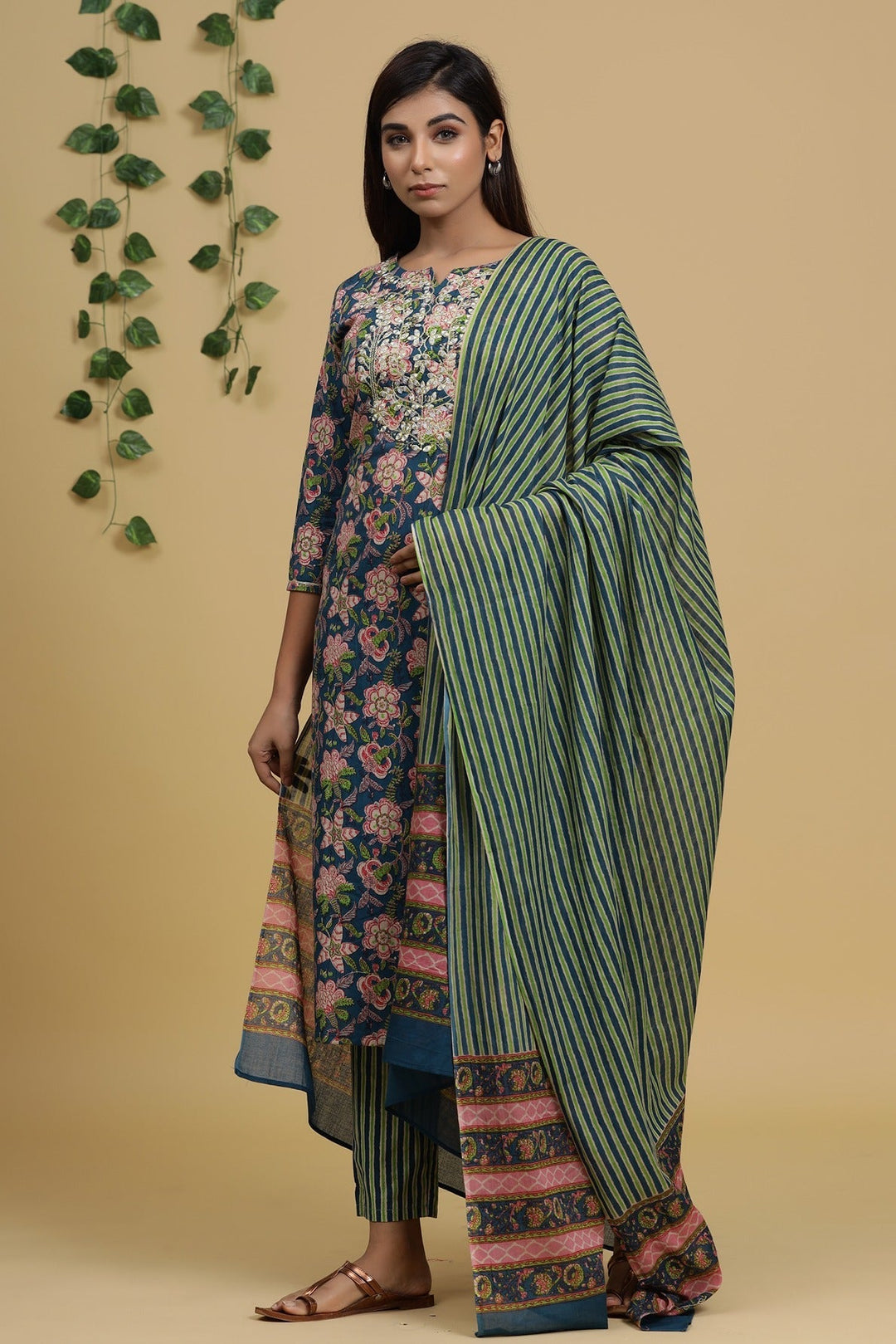 Blue & Green Printed Dupatta Set-Yufta Store-2720SKDBLM