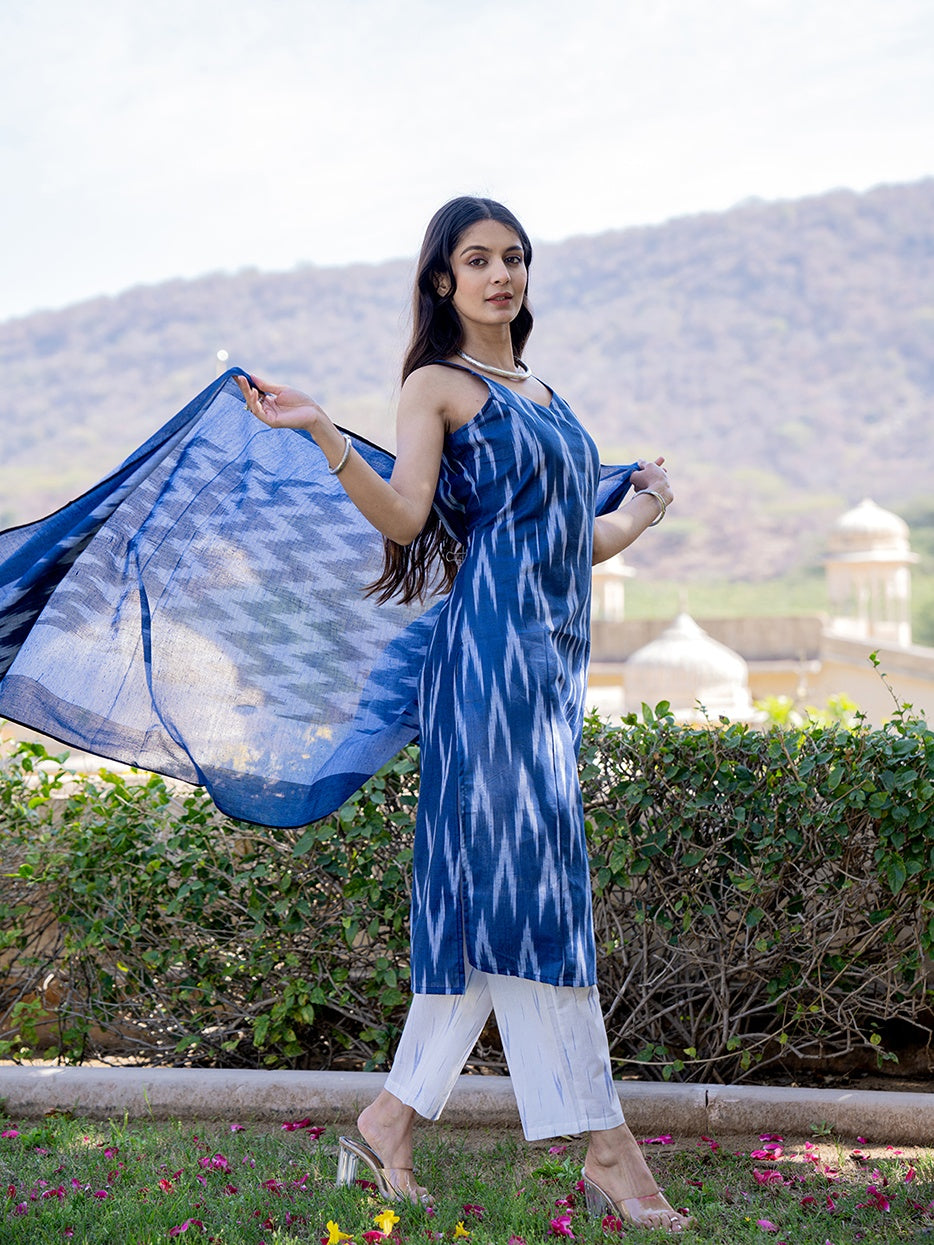 Blue Ikat Print Kurta Dupatta Set