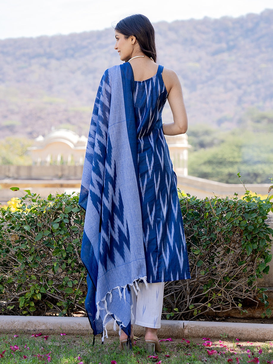 Blue Ikat Print Kurta Dupatta Set-Yufta Store-1458SKDBLS