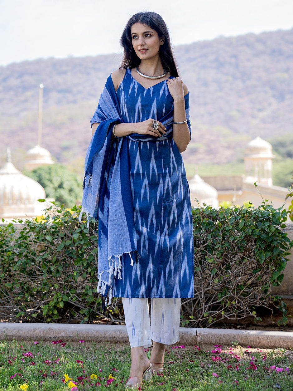 Blue Ikat Print Kurta Dupatta Set-Yufta Store-1458SKDBLS