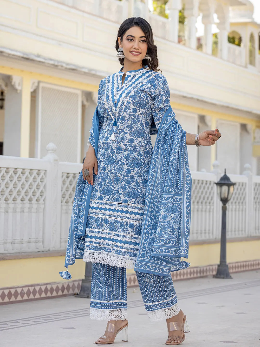 Blue Lacework Pakistani Style Kurta Trouser And Dupatta Set-Yufta Store-6887SKDBLM